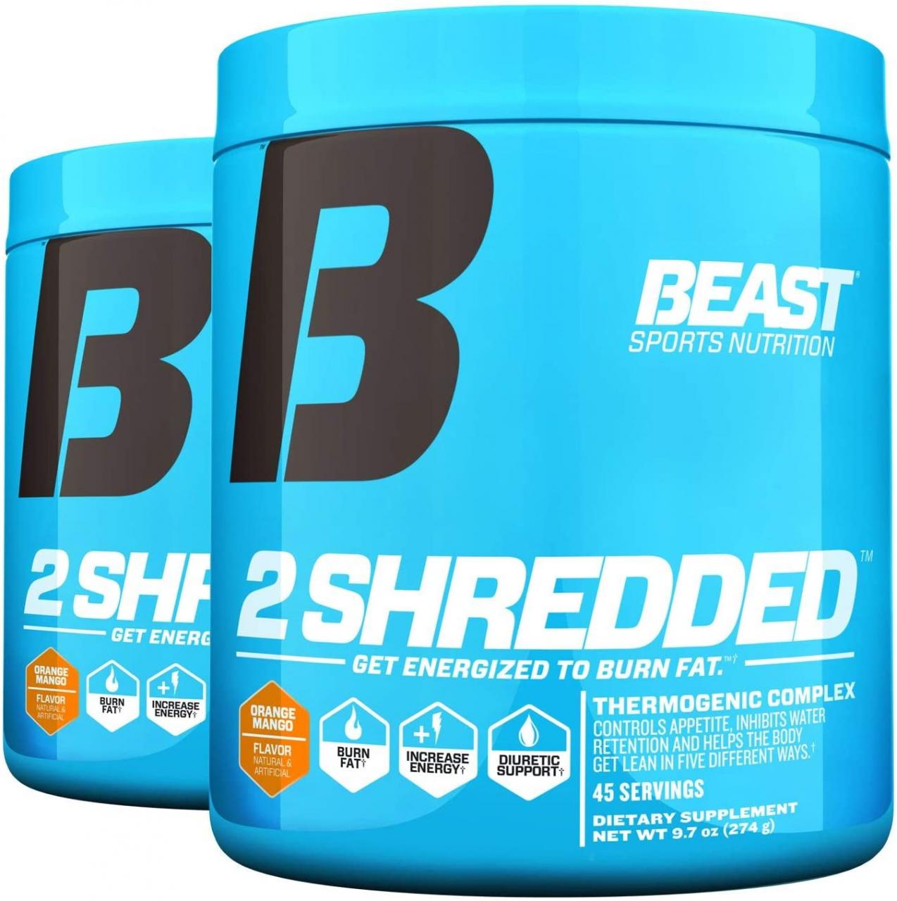Amazon.com: Beast Sports Nutrition 2 Shredded: Thermogenic Powder, Metabolism Booster, and Appetite Suppressant | Best Fat Burner for Weight Loss and Reduced Water Retention, Orange Mango, 45 Servings, 2 Pack: Health &amp; Personal Care